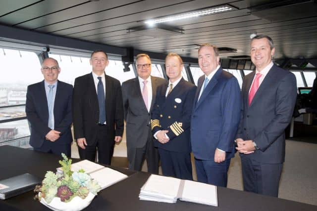 Launch of Symphony of the Seas, Royal Caribbean's newest and largest ship. Handover ceremony on the bridge of Symphony of the Seas. L-R -  Jean-Yves Jaouen, (CEO STX France) Laurent Castaing ( General Manager STX France)Harri Kulovaara, (executive vice president, Maritime & Newbuilding) Captain Rob Hempstead, Richard Fain ( Chairman and CEO Royal Caribbean Cruises LTD)  Michael Bayley ( President and CEO Royal Caribbean International)