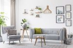 Creative, Wooden Pendant Light Above A Gray Sofa And A Comfy Arm